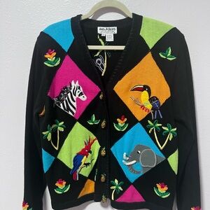 Jack B. Quick Black novelty 3D Embroidered Cardigan‎ LARGE